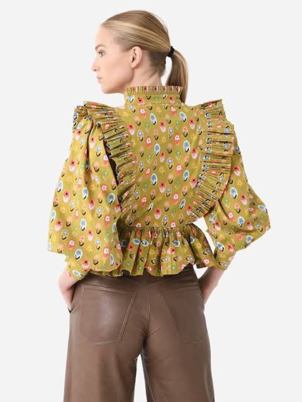 CeliaB Mustard Floral Ruffle Peplum Blouse